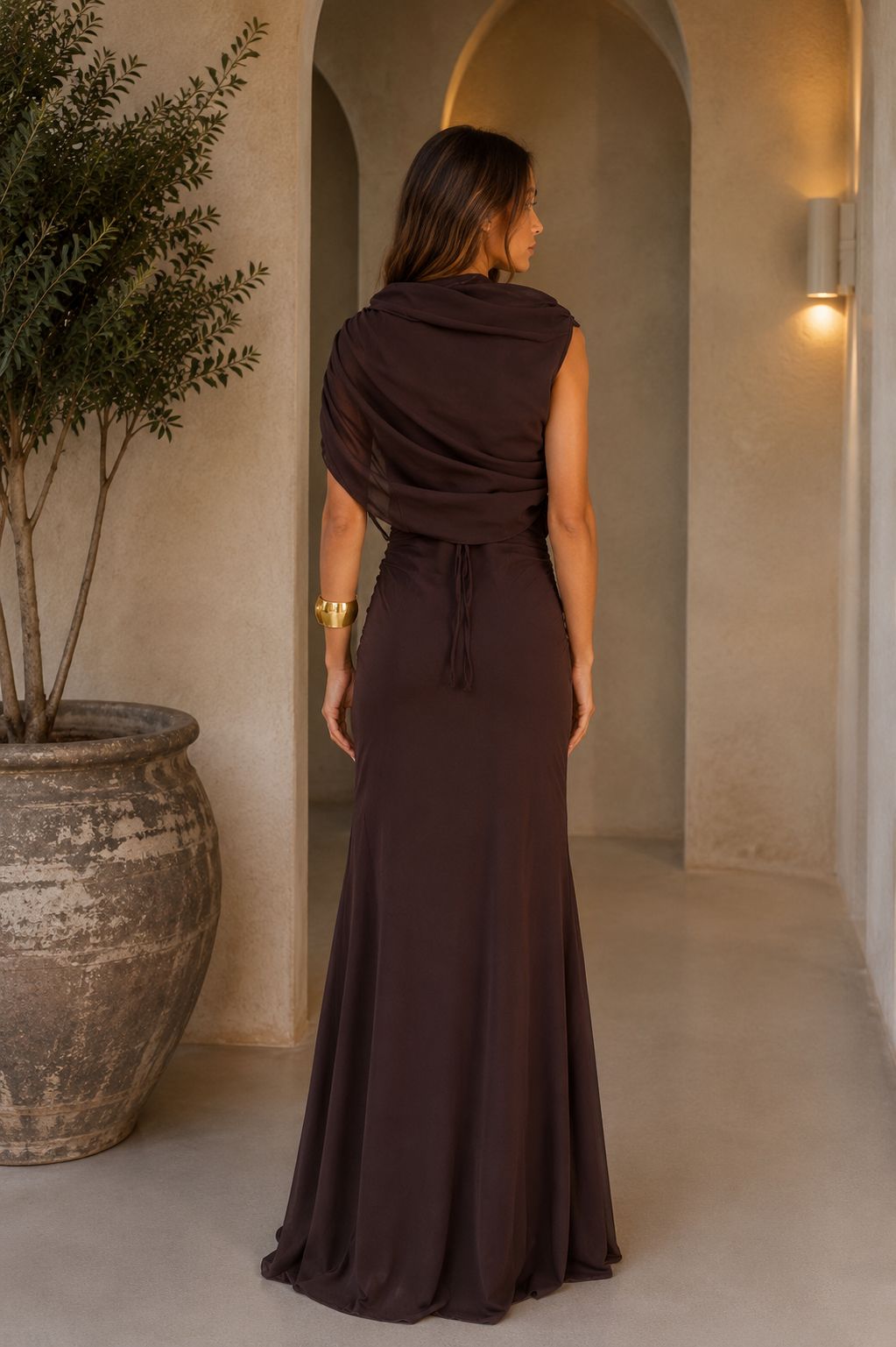 Mocha | Draped Chocolate Brown Maxi Dress
