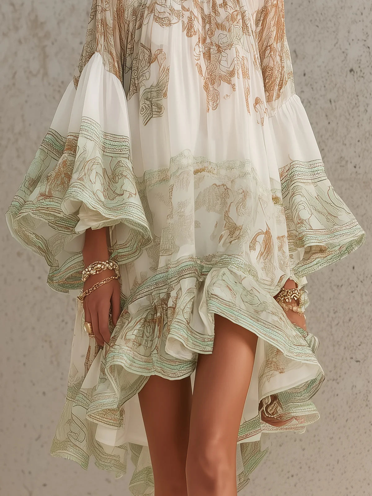 ROSALIE | GREEN MINI DRESS WITH RUFFLE SLEEVES AND STRIPED HEM