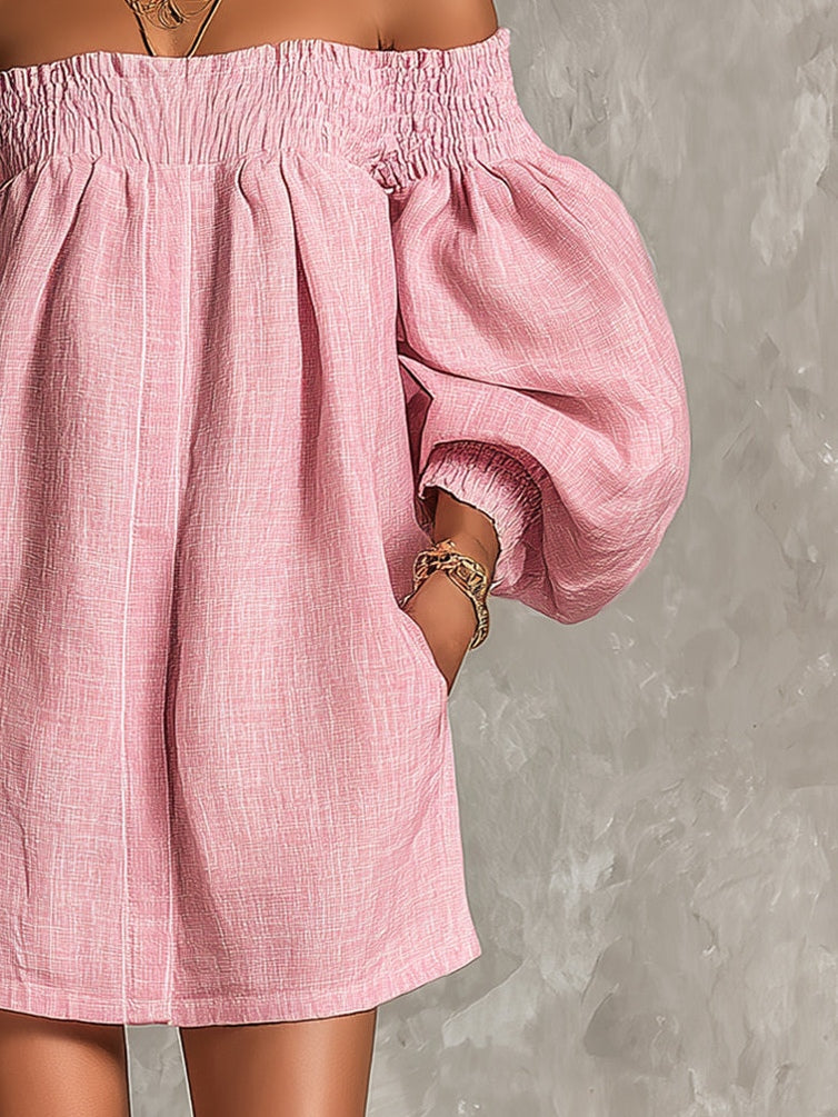 VIOLETTE | PINK A-LINE OFF-SHOULDER MINI DRESS WITH LANTERN SLEEVES