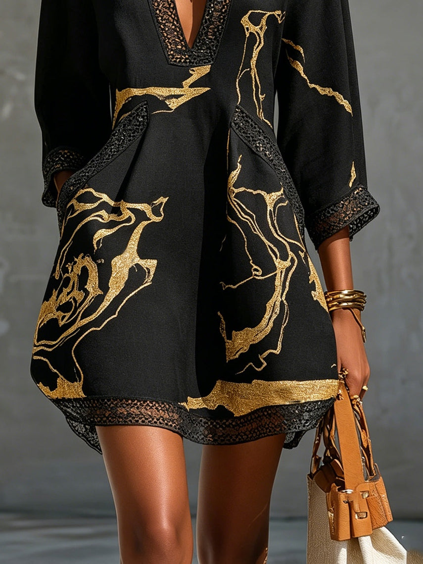 LÉONIE | BLACK CROCHET LACE V-NECK MINI DRESS WITH GOLD DETAILS