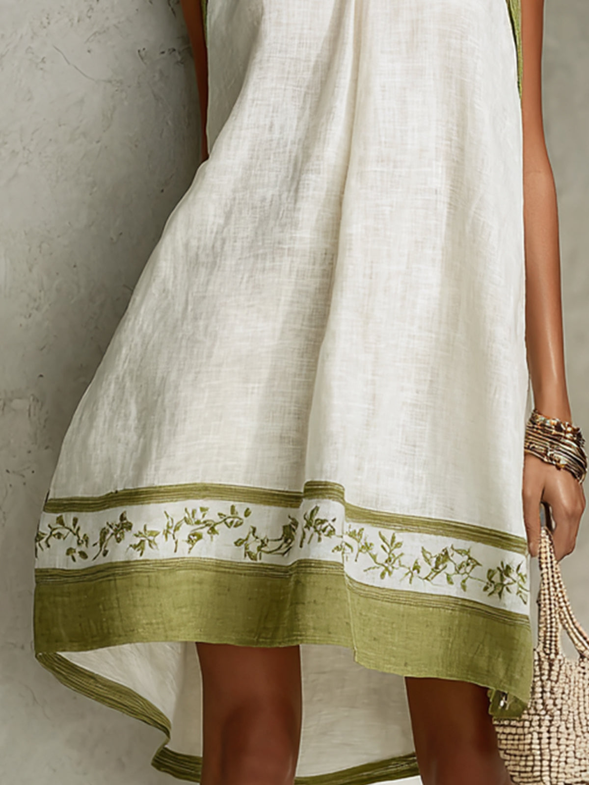 AGATHE | WHITE AND OLIVE FLORAL SLEEVELESS A-LINE MINI DRESS