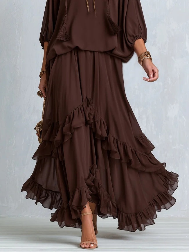 Ondine | Brown Fringe Top & Ruffle Skirt Set