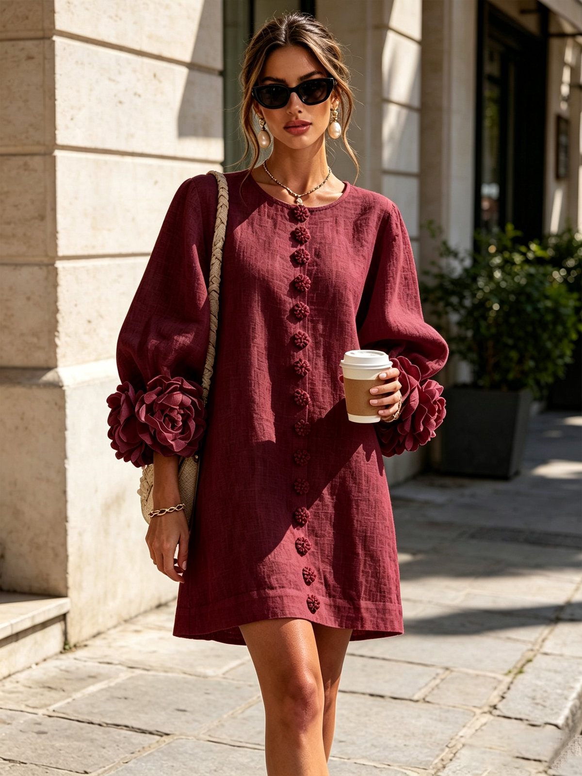 Ilaria | Relaxed Mini Dress with Rose Cuffs, Burgundy