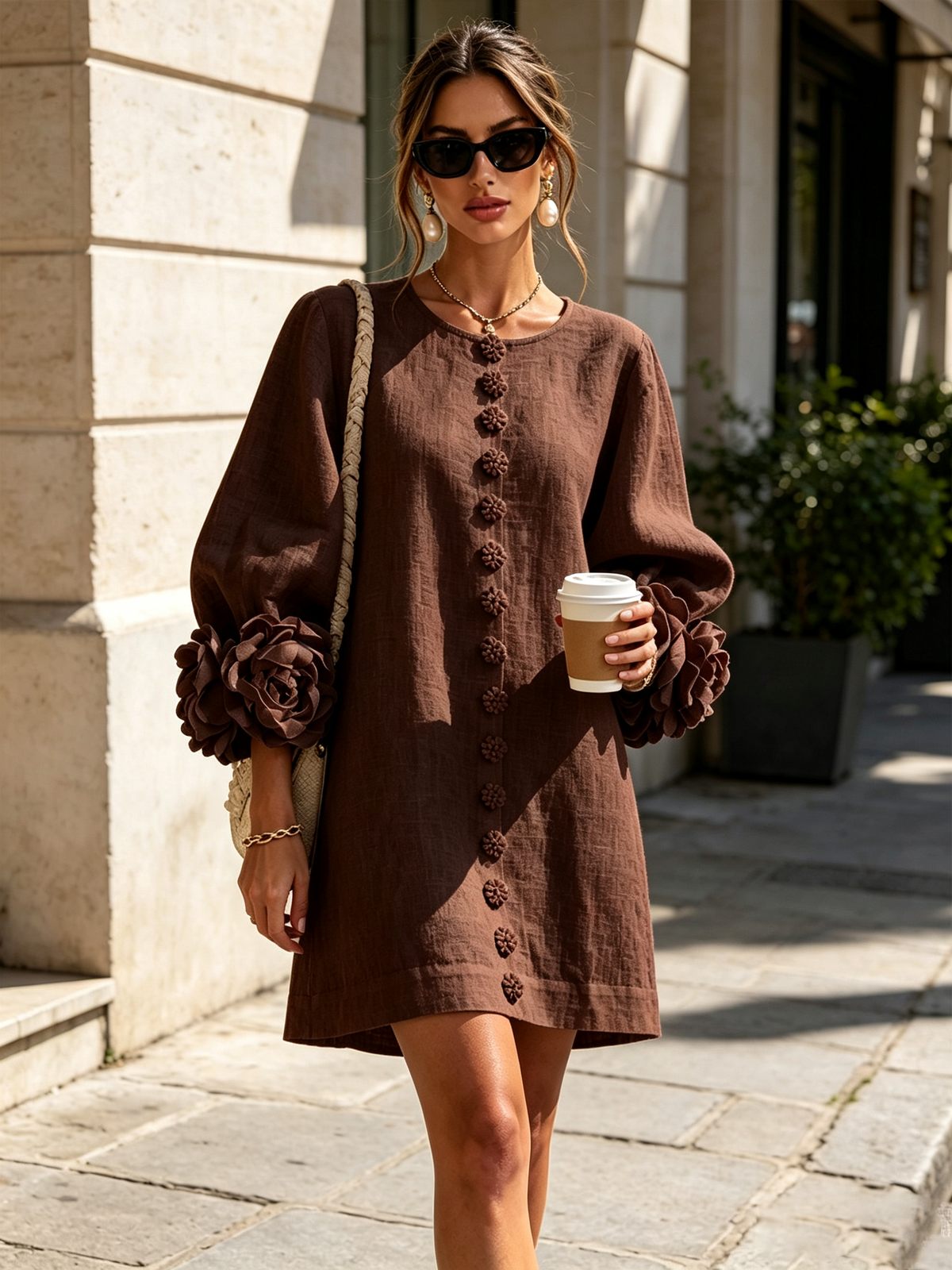 Bruna | Relaxed Mini Dress with Rose Cuffs, Chocolate Brown