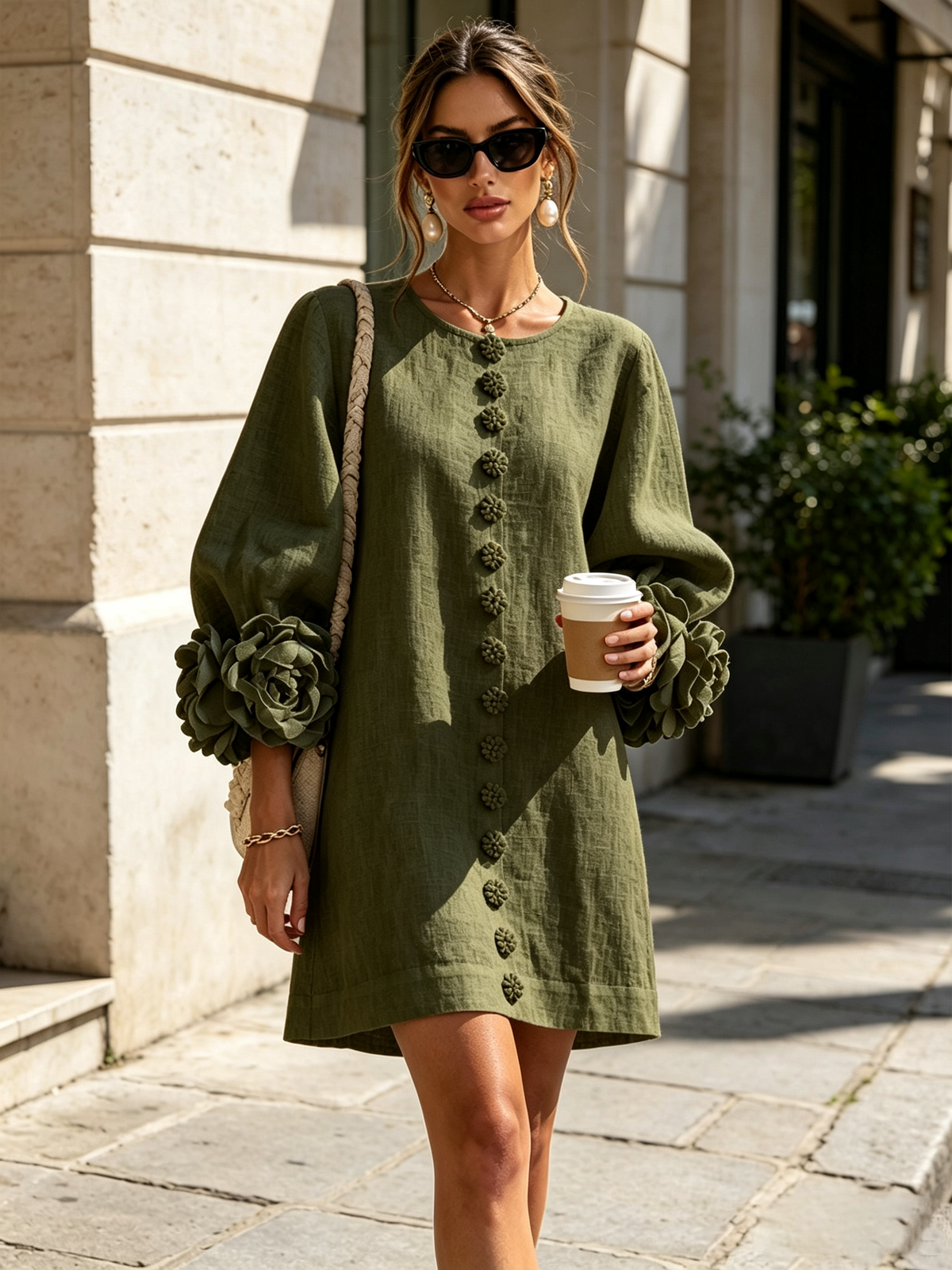 Gaia | Relaxed Mini Dress with Rose Cuffs, Olive Green