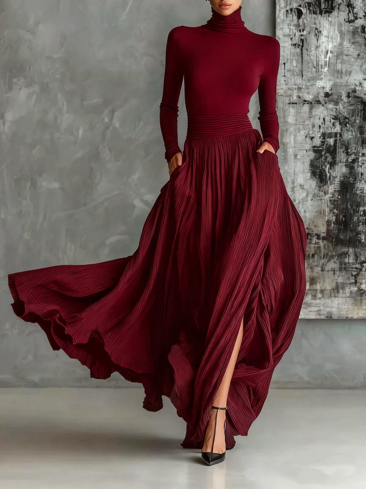 Prudence | Black Turtleneck T-Shirt & Pleated Skirt Set