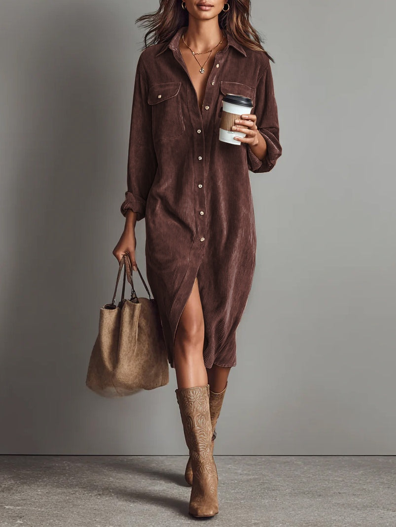 Corduroy Midi Dress with Chest Pockets