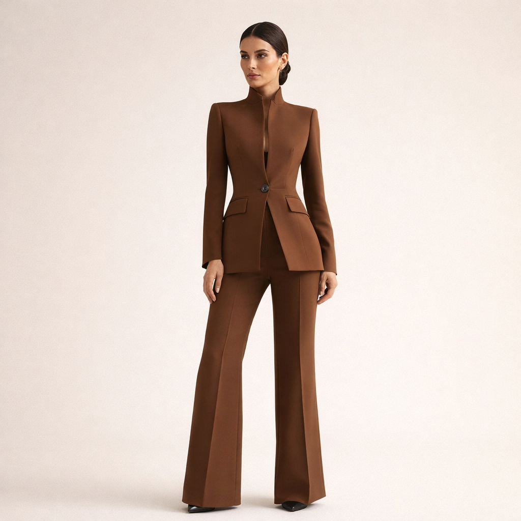 Gwendoline tailored wide-leg trouser suit in brown, full-length three-quarter view