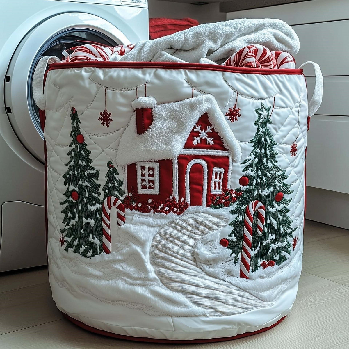 Letizia hand-quilted laundry basket with a little red cottage between evergreen trees, front view