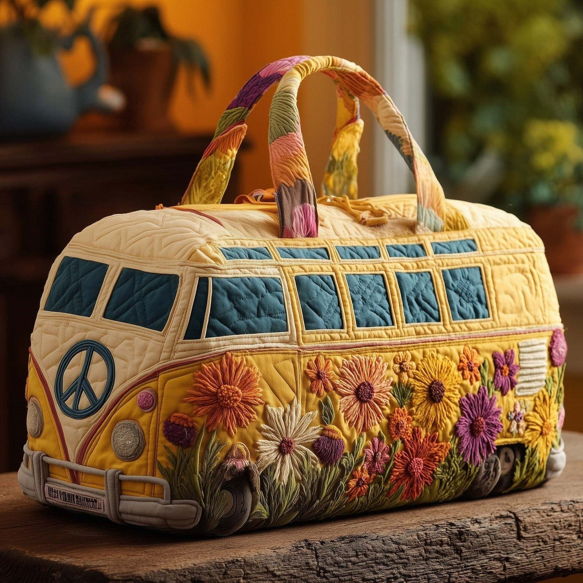 Bloomvana quilted travel duffle bag with yellow camper van and flower border print