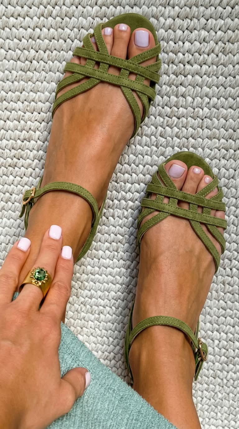 Tan Flat Sandals with Ankle Buckle and Multiple Straps