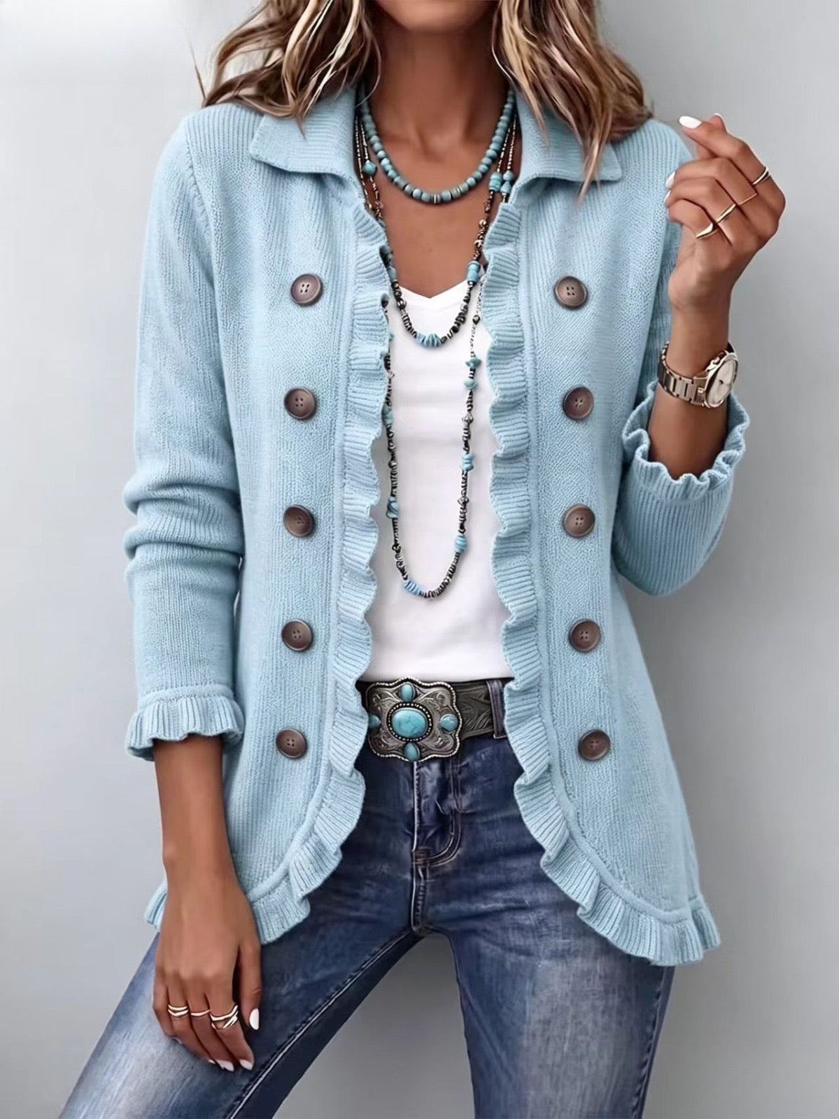 CECILIA | DUSTY BLUE KNIT RUFFLE JACKET