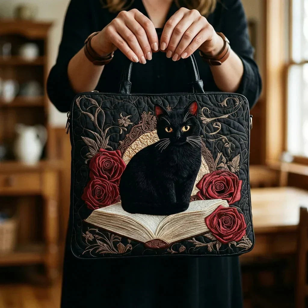 Handcrafted Quilted Bag | Black Cat on Books