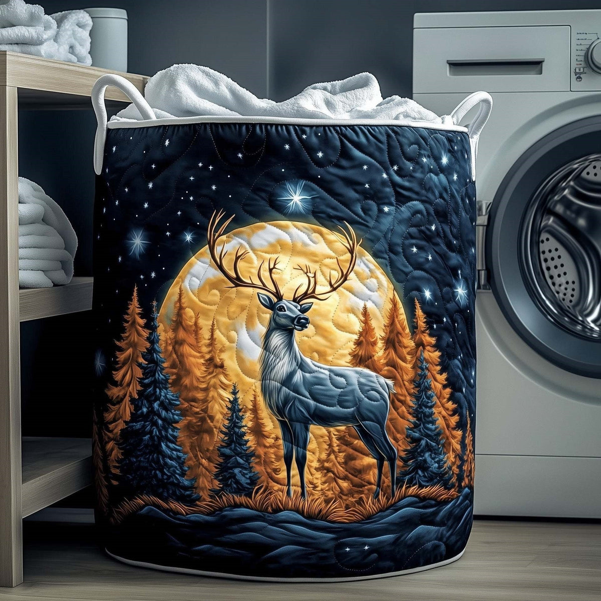 Isotta hand-quilted laundry basket with a stag in front of a golden moon and dark pine trees, front view