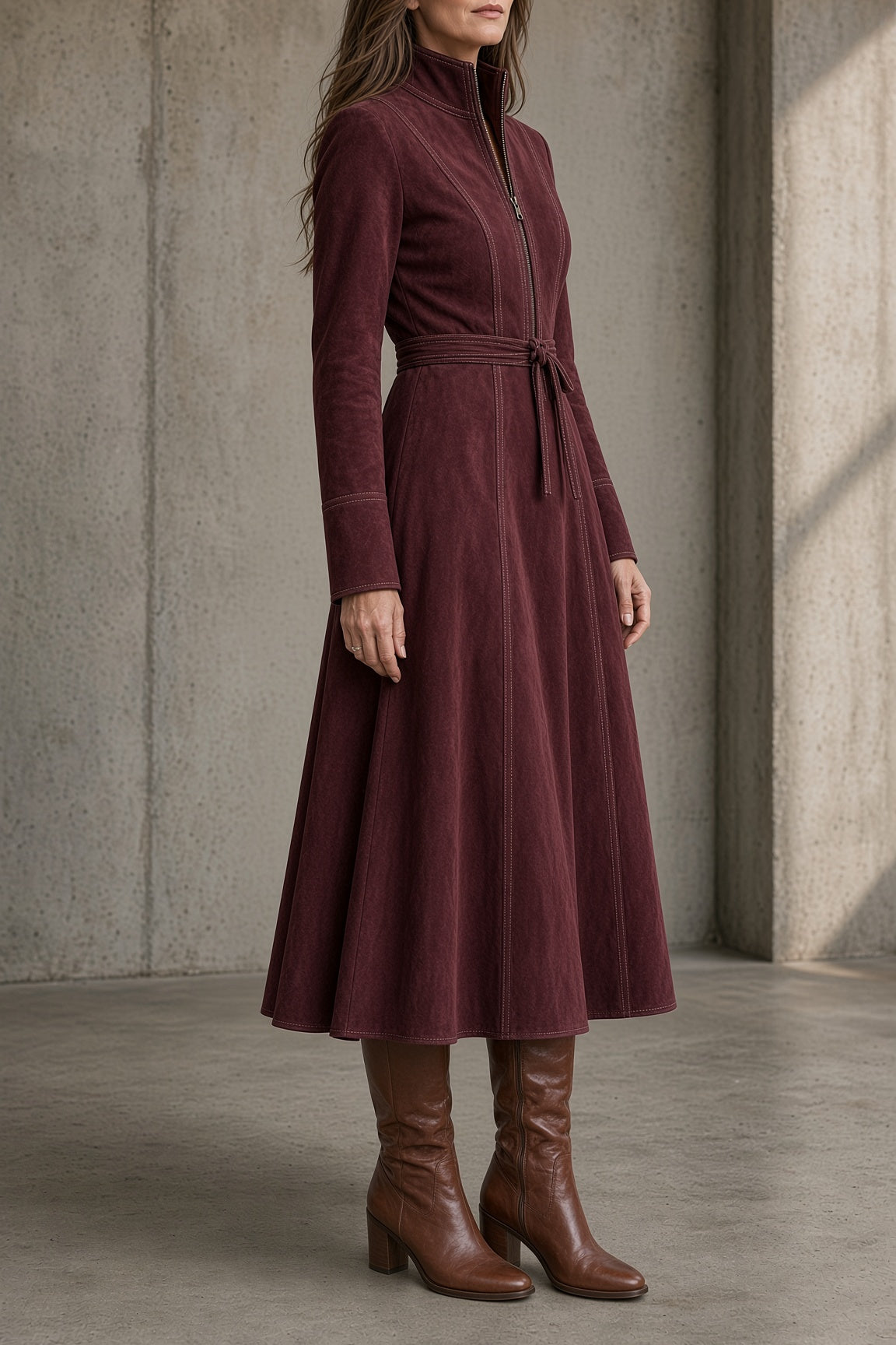 Caryll belted midi dress in purple, side view