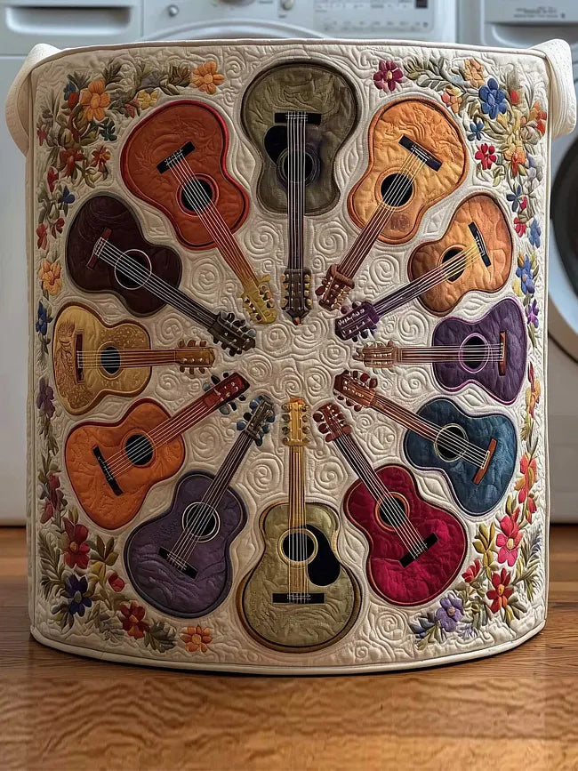 Alma hand-quilted laundry basket with a circle of colourful guitars, front view
