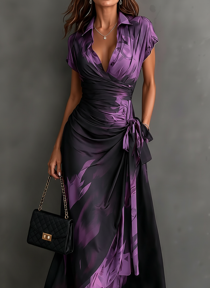 ELISA | PURPLE ABSTRACT PRINT MIDI WRAP DRESS