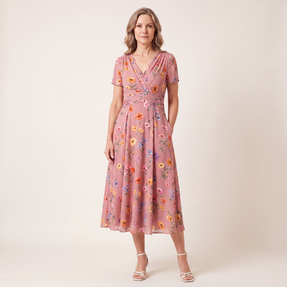 Theresa floral twist-waist dress in pink, full-length front view
