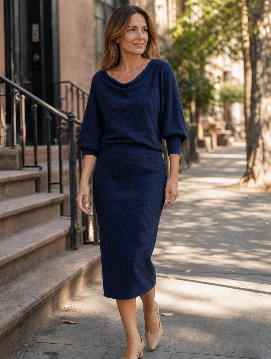Cicely knit midi dress in navy blue, worn outdoors