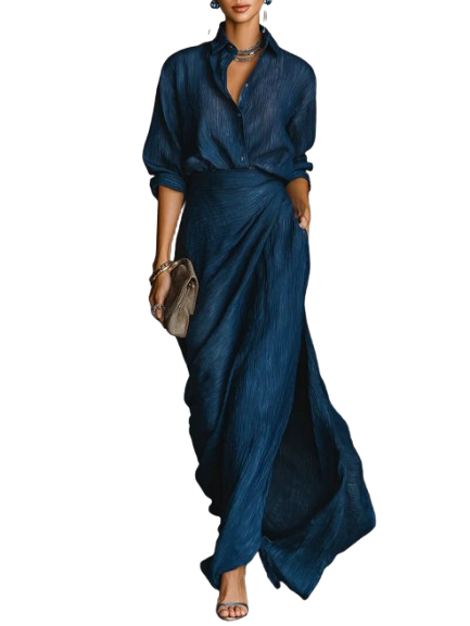 Katrine shirt and wrap maxi skirt set in blue, full-length cut-out view