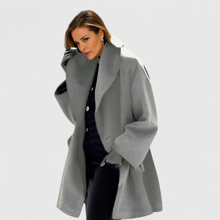 Thomasina oversized shawl-collar coat in grey, front view