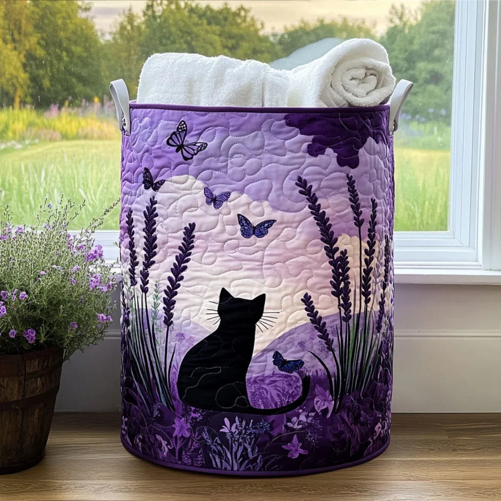 Fiora hand-quilted laundry basket with a black cat in a lavender field with butterflies, front view
