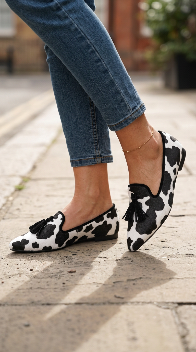 Ginevra | Black & White Cow Print Loafers with Black Tassels
