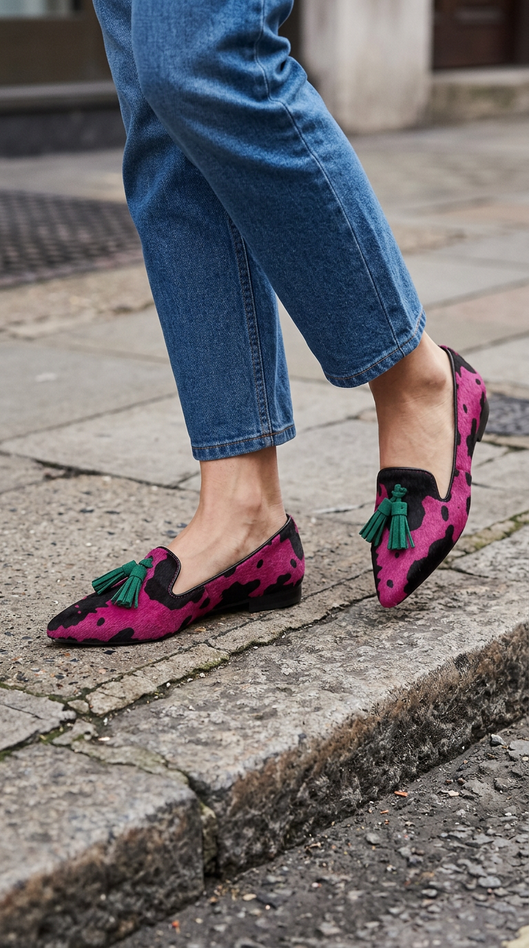 Ginevra | Fuchsia Cow Print Loafers with Green Tassels