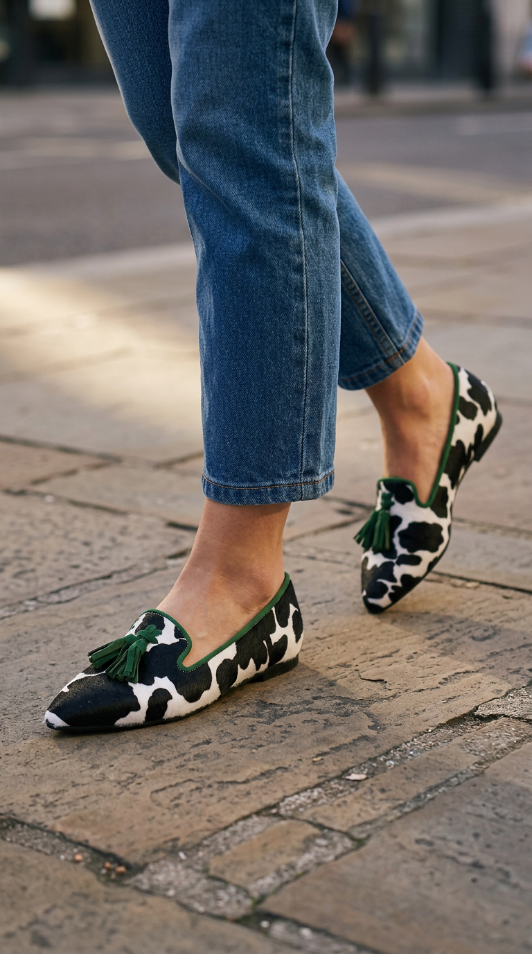 Ginevra | Black & White Cow Print Loafers with Green Tassels