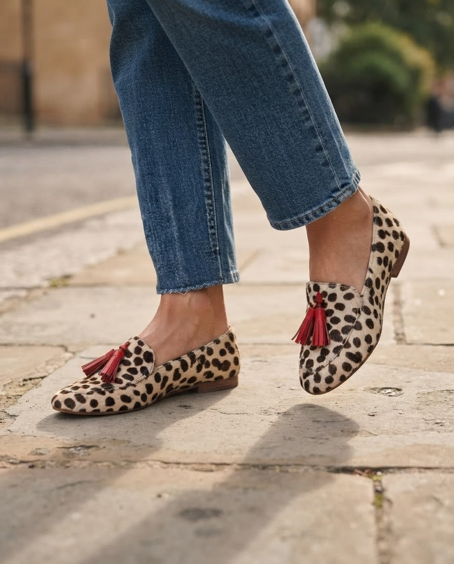 Aurora | Cream Polka Dot Loafers with Red Tassels