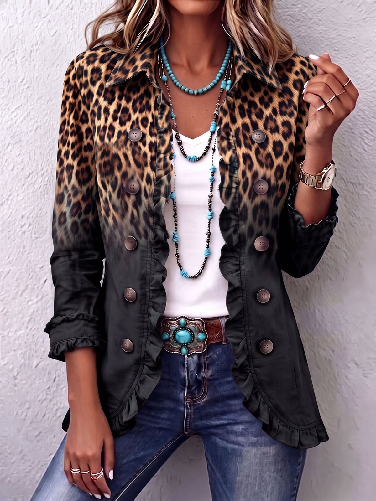 SABINA | BLACK OMBRE LEOPARD RUFFLE BLAZER