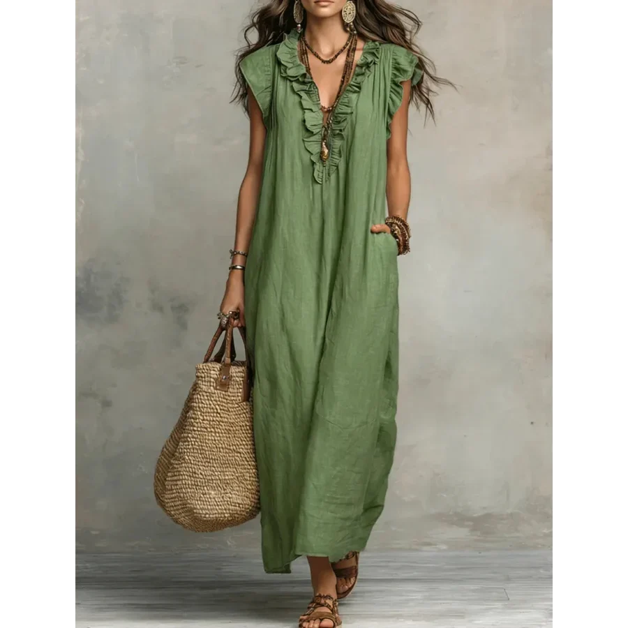 Zoe | Long Linen-Look Ruffle V-Neck Dress