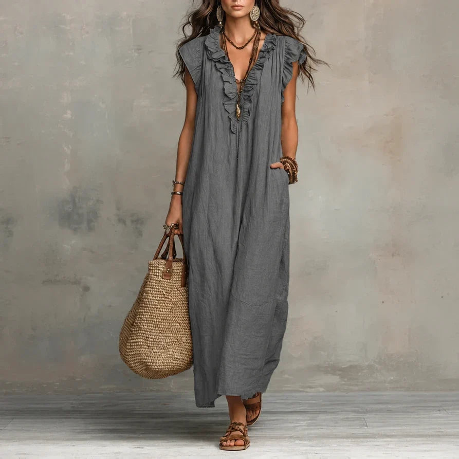 Zoe | Long Linen-Look Ruffle V-Neck Dress