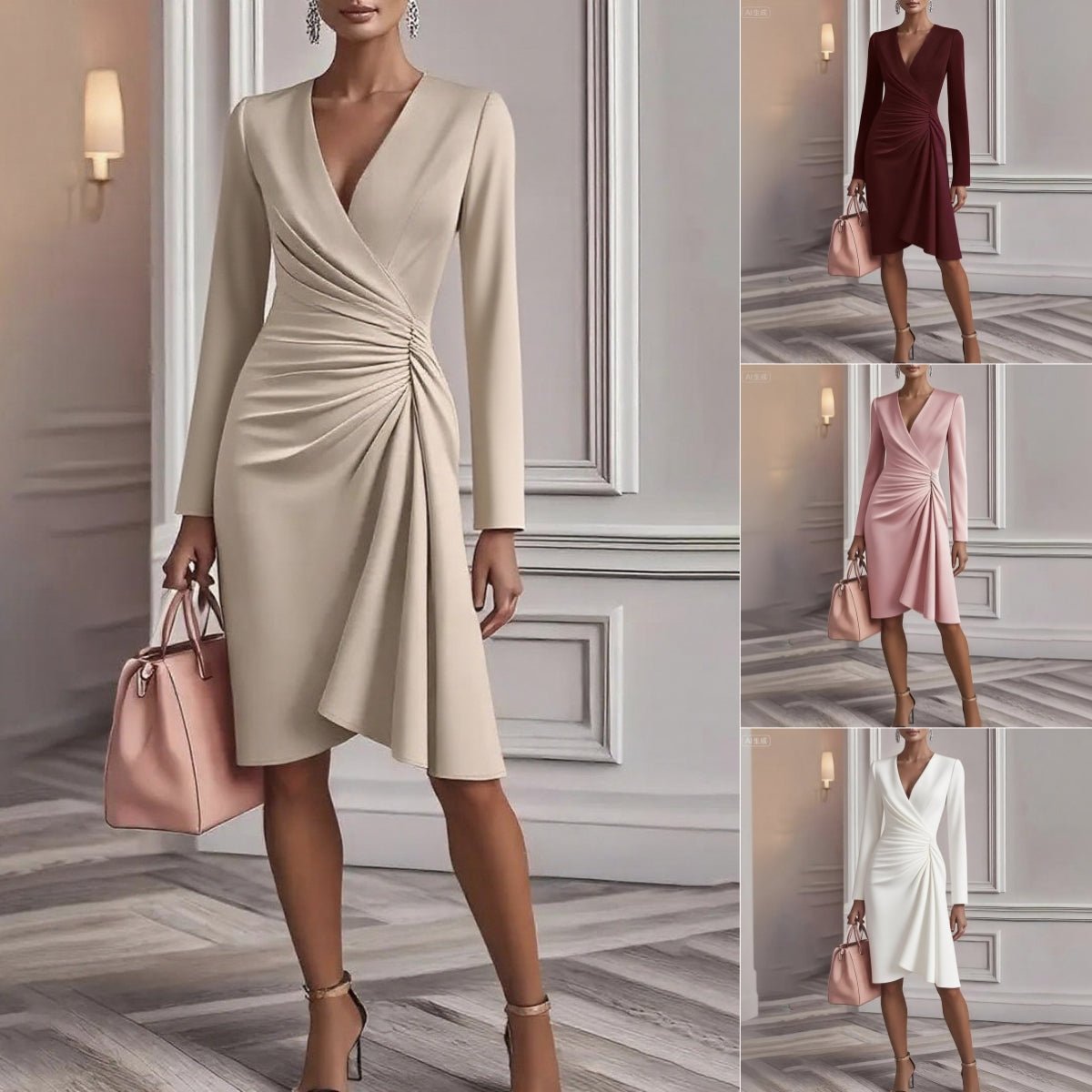LIORA™ | Draped V-Neck Midi Dress