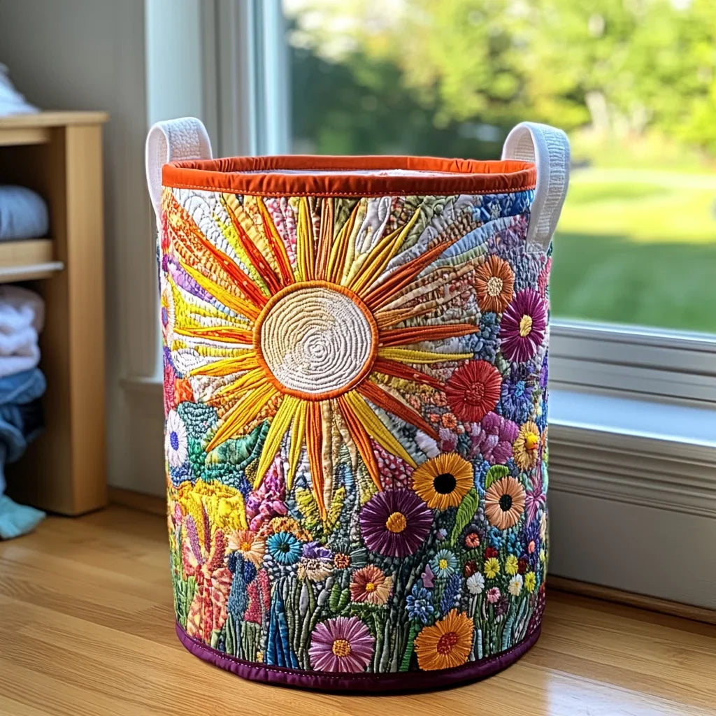 Federica hand-quilted laundry basket with a radiant sun over a wildflower meadow, front view