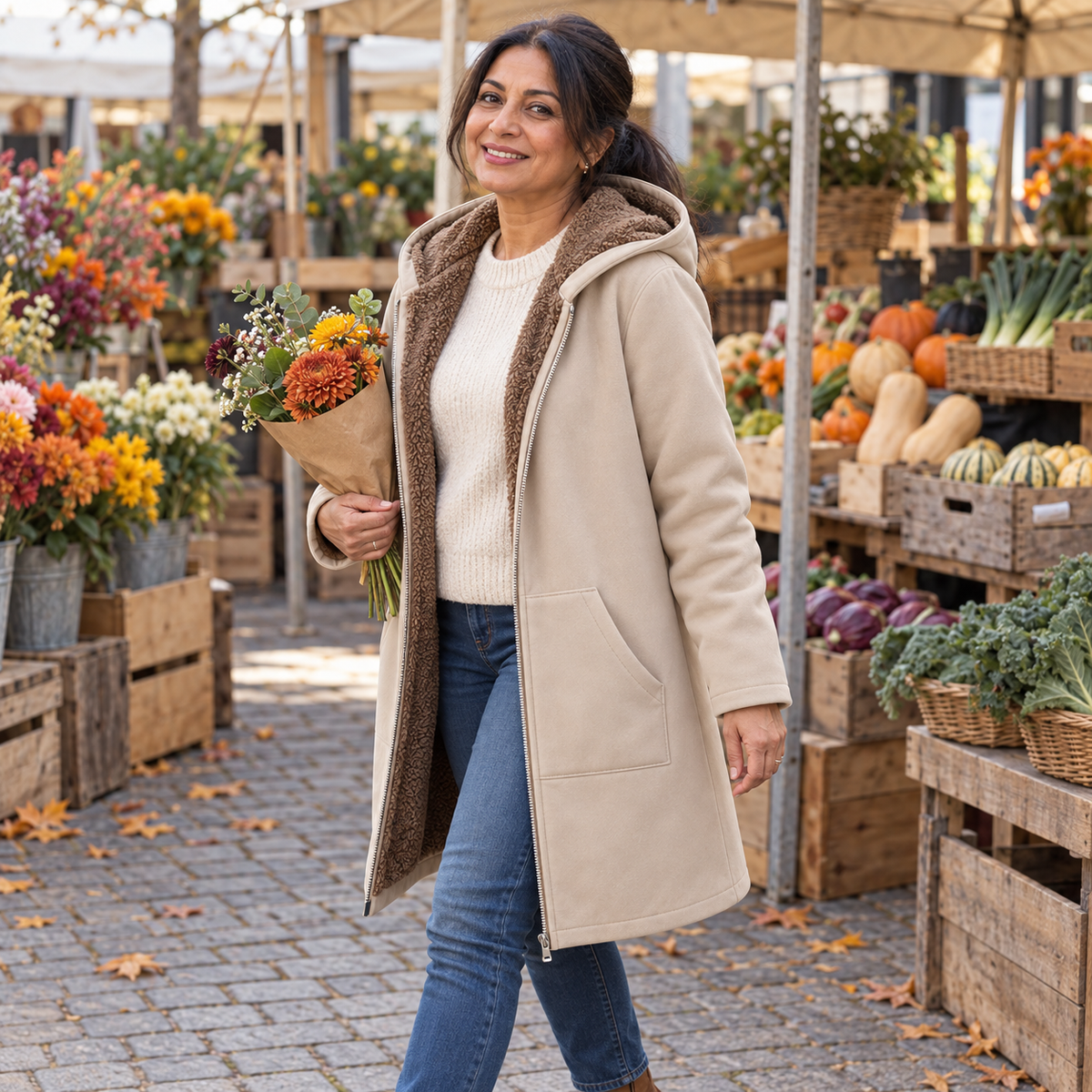 Ailsie long hooded sherpa-lined coat in Khaki, worn by model