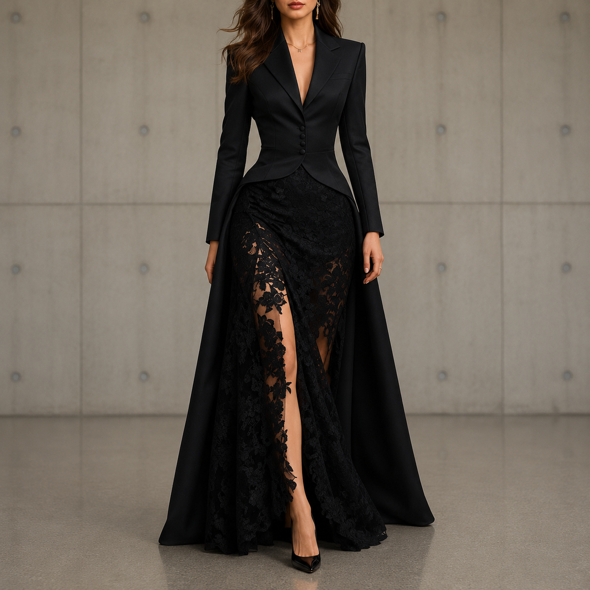 Rosen tailored jacket and lace skirt set in Black, front view