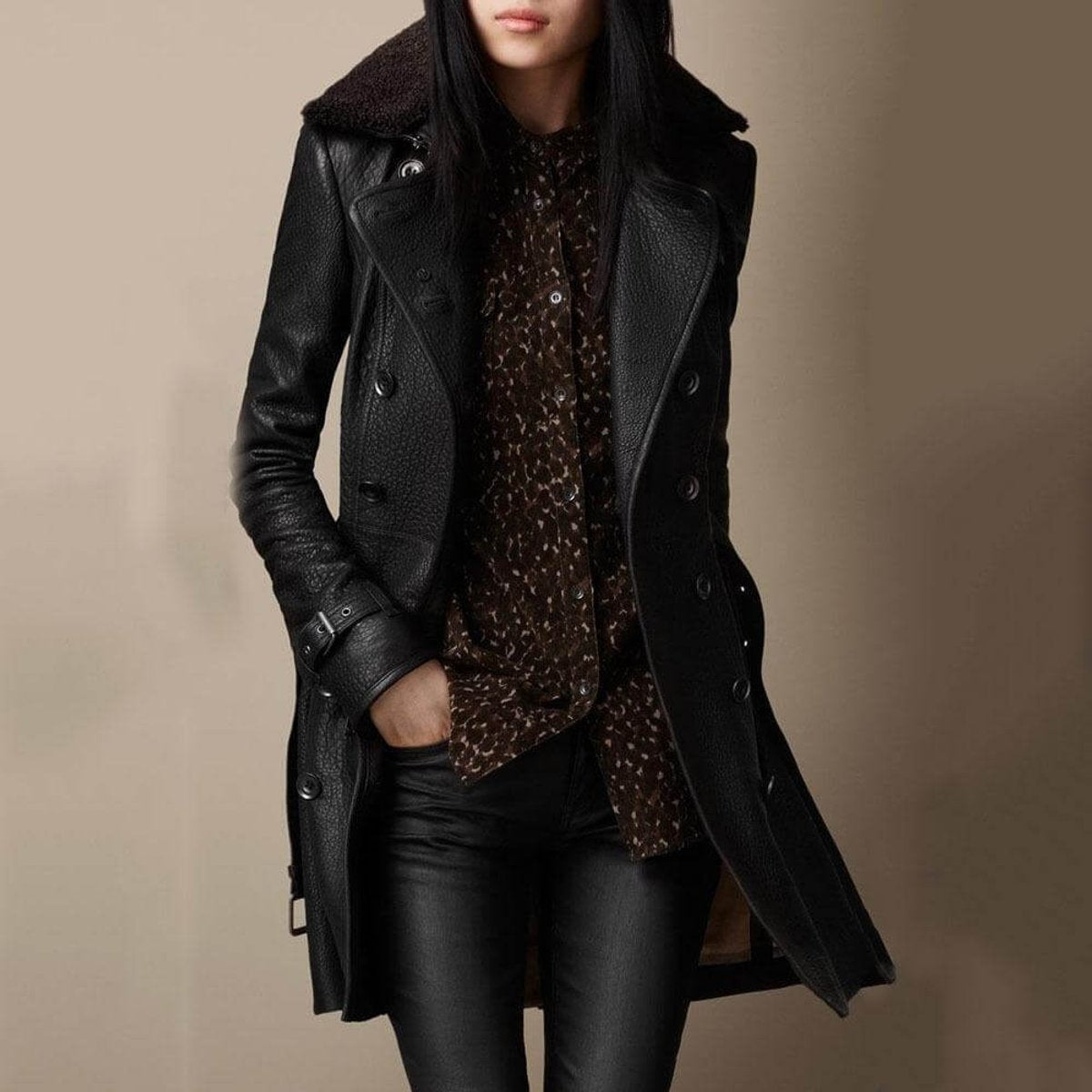 Annette double-breasted trench coat in black, front view with plush collar