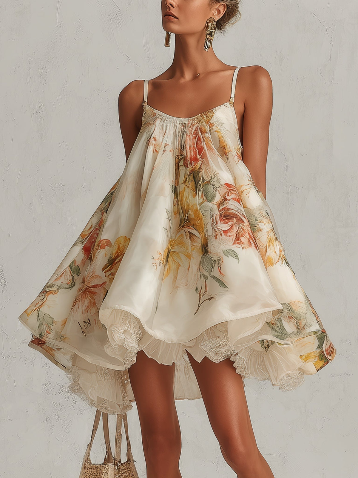 BLANCHE | BEIGE FLORAL ORGANZA A-LINE MINI DRESS WITH LACE TRIM