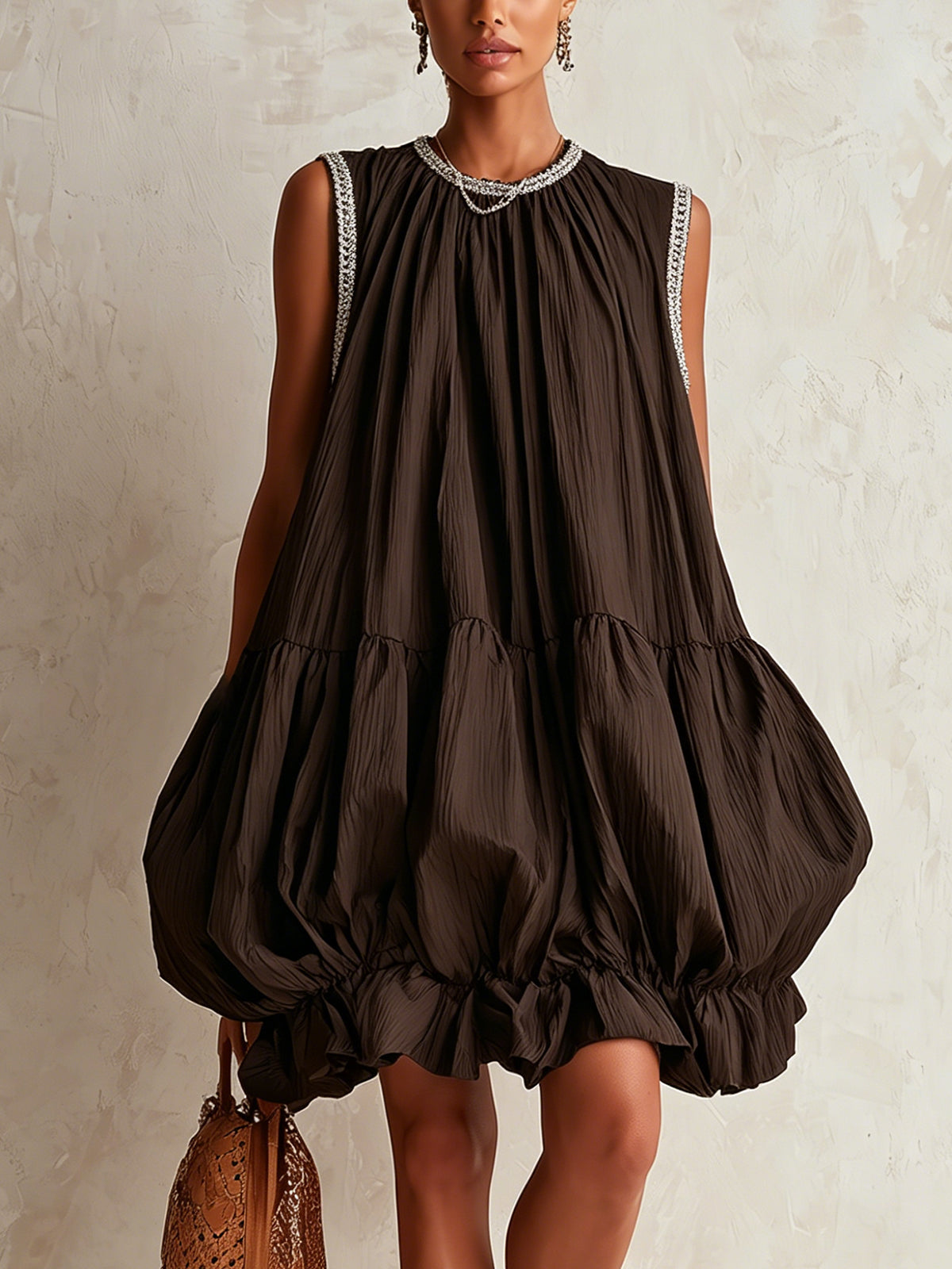 COLETTE | BROWN SLEEVELESS BUBBLE-HEM MINI DRESS