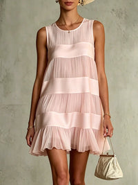 Light Pink Pleated Mini Dress with Layered Design and Patchwork