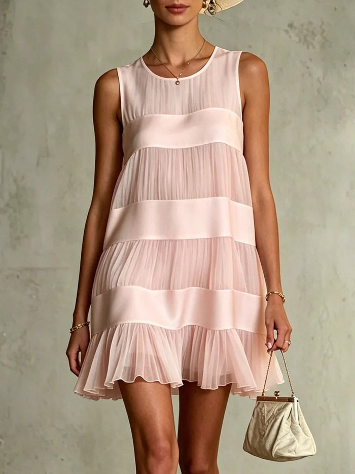 Light Pink Pleated Mini Dress with Layered Design and Patchwork