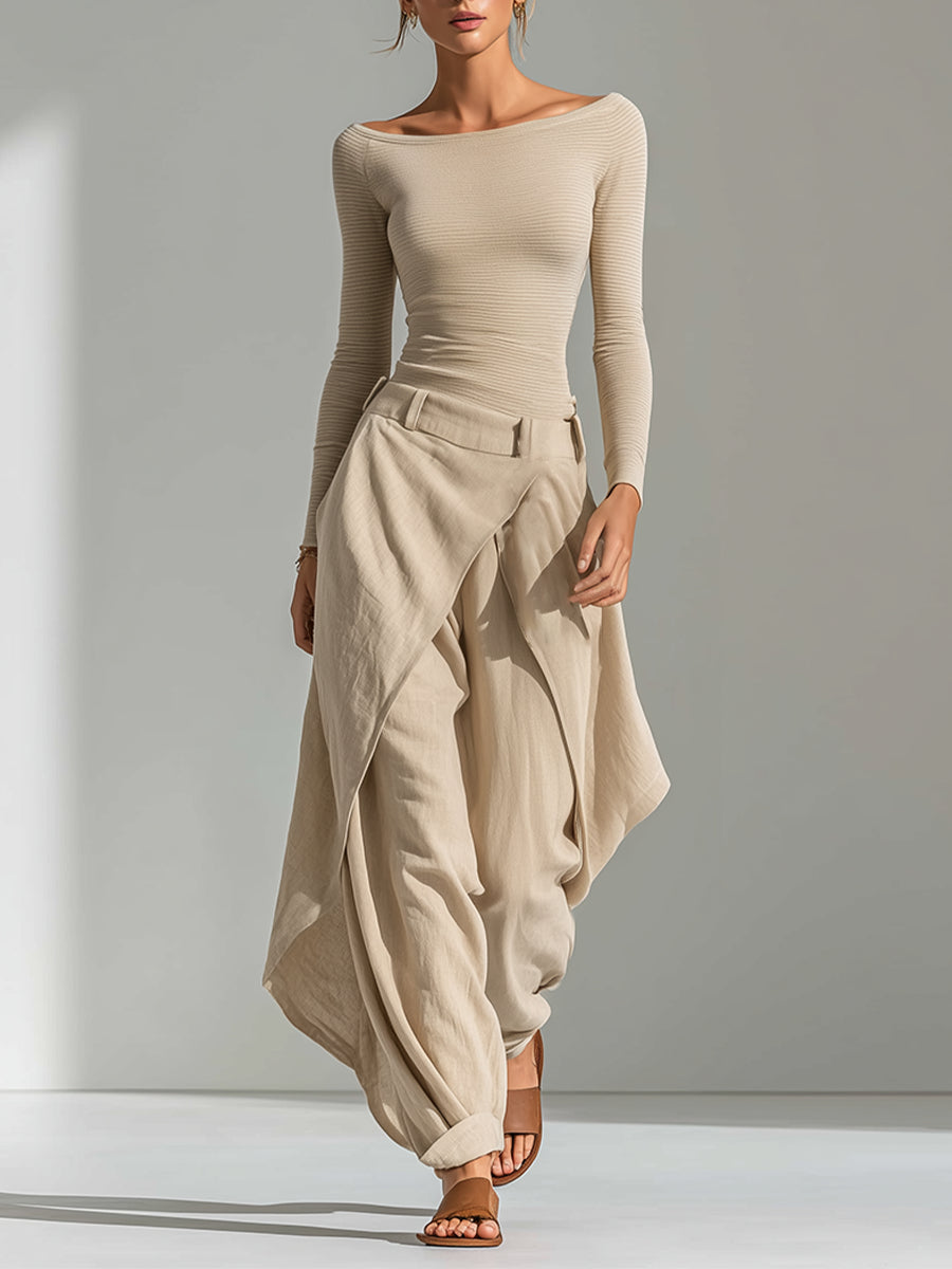 Delphine | Beige Boat-Neck Top & Wide-Leg Ruffle Trousers Set