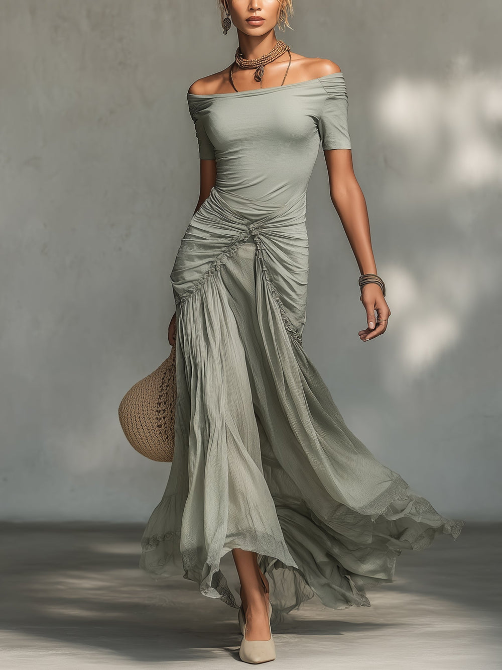 Bellamy off-shoulder ruched chiffon maxi dress in grey, front view