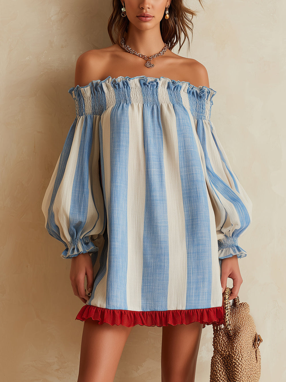 ONDINE | BLUE AND WHITE STRIPED OFF-SHOULDER MINI DRESS