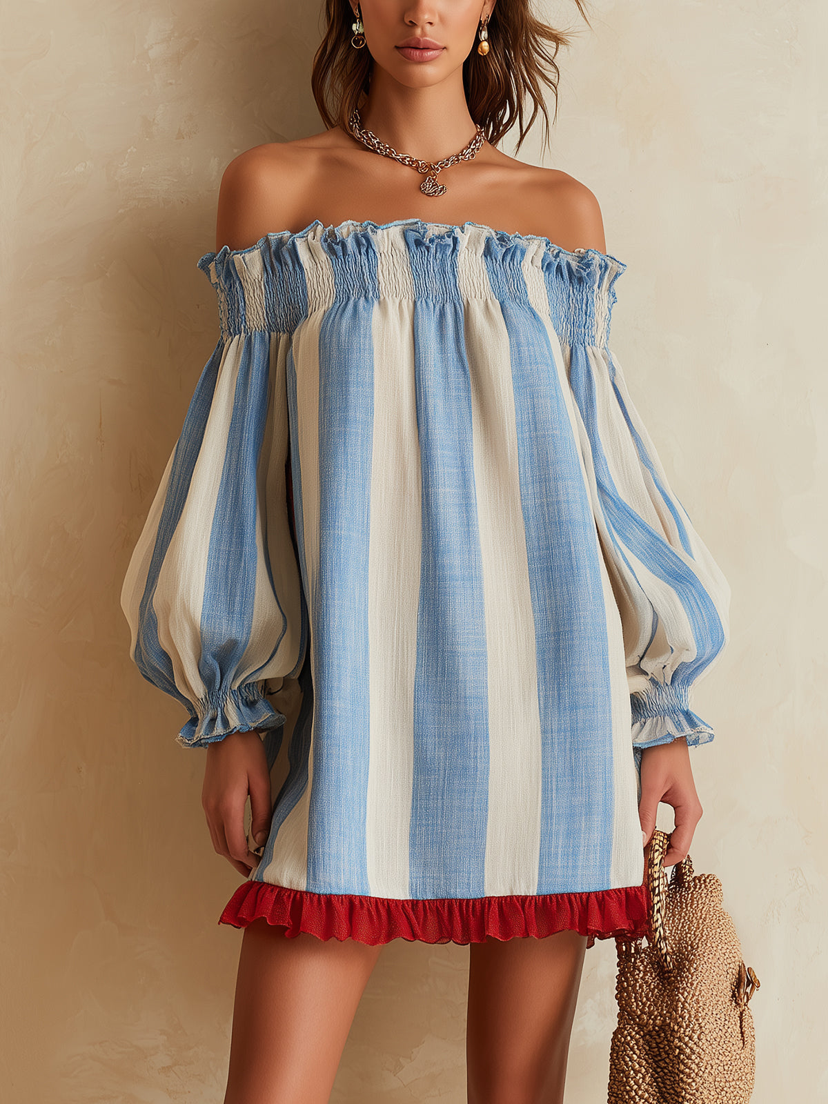 ONDINE | BLUE AND WHITE STRIPED OFF-SHOULDER MINI DRESS