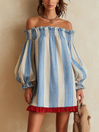 ONDINE | BLUE AND WHITE STRIPED OFF-SHOULDER MINI DRESS