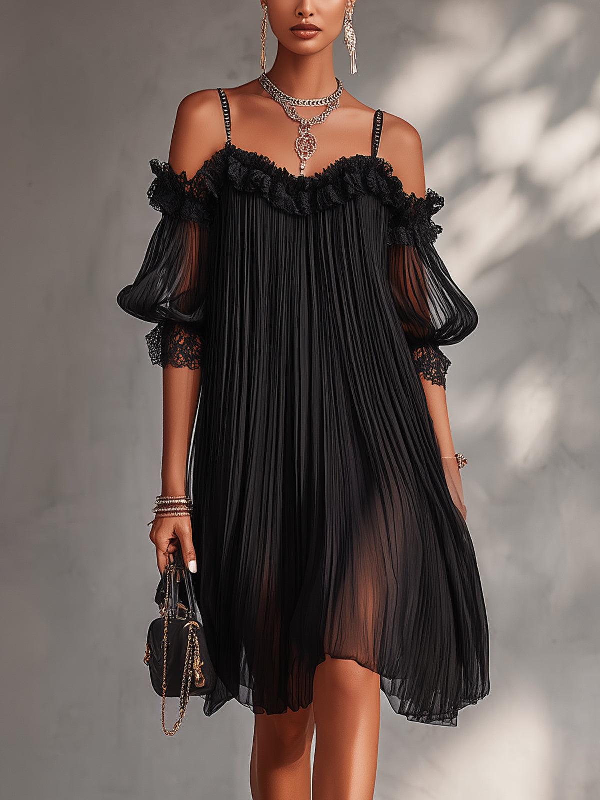 CAMILLE | BLACK OFF-SHOULDER MINI DRESS WITH LACE TRIM