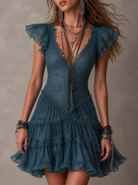 DELPHINE | RETRO BLUE LACE RUFFLE MINI DRESS