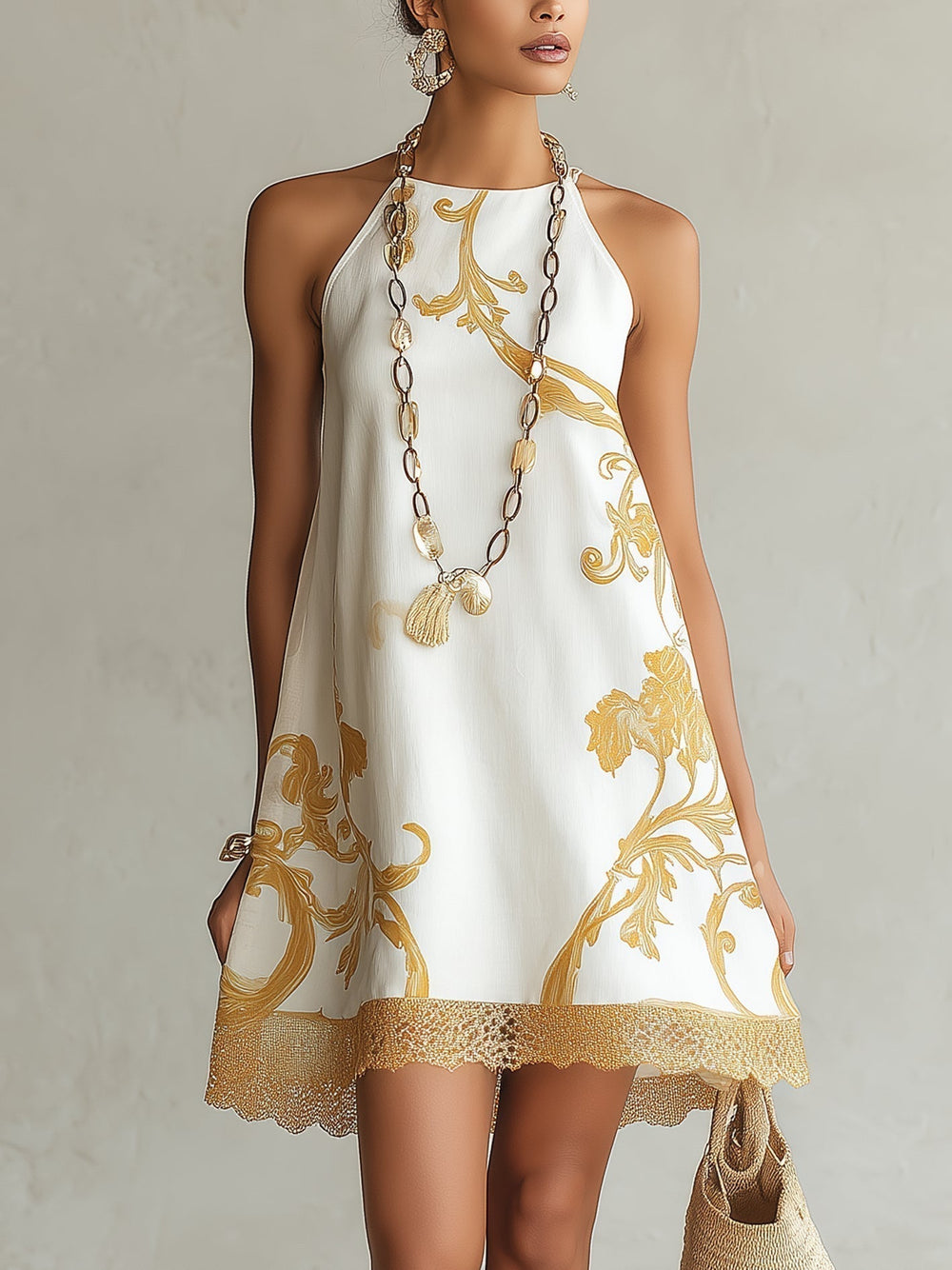Héloïse | White Lace Mini Dress with Gold Floral Print